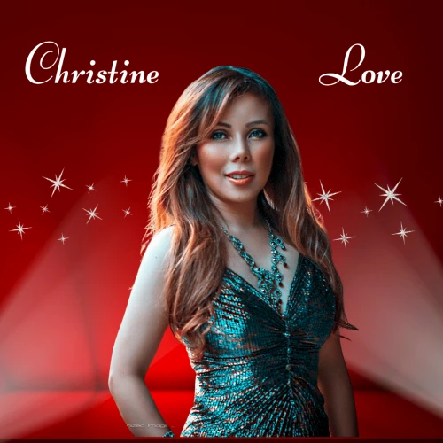 A woman in a sparkling teal dress stands against a red stage with sparkles and light beams; names “Christine” and “Love” appear at top.