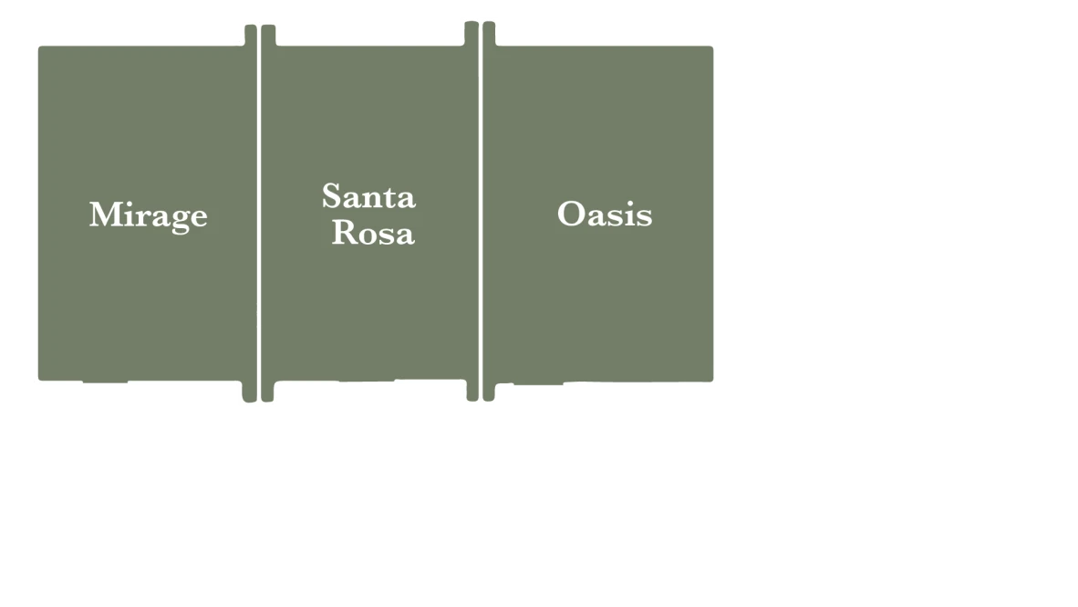 A layout of card positions: large top panels labeled Mirage, Santa Rosa, Oasis; bottom left “Health Club” connected section, then numbered blocks “3” and “4”; to the right a small “Club 100” block.