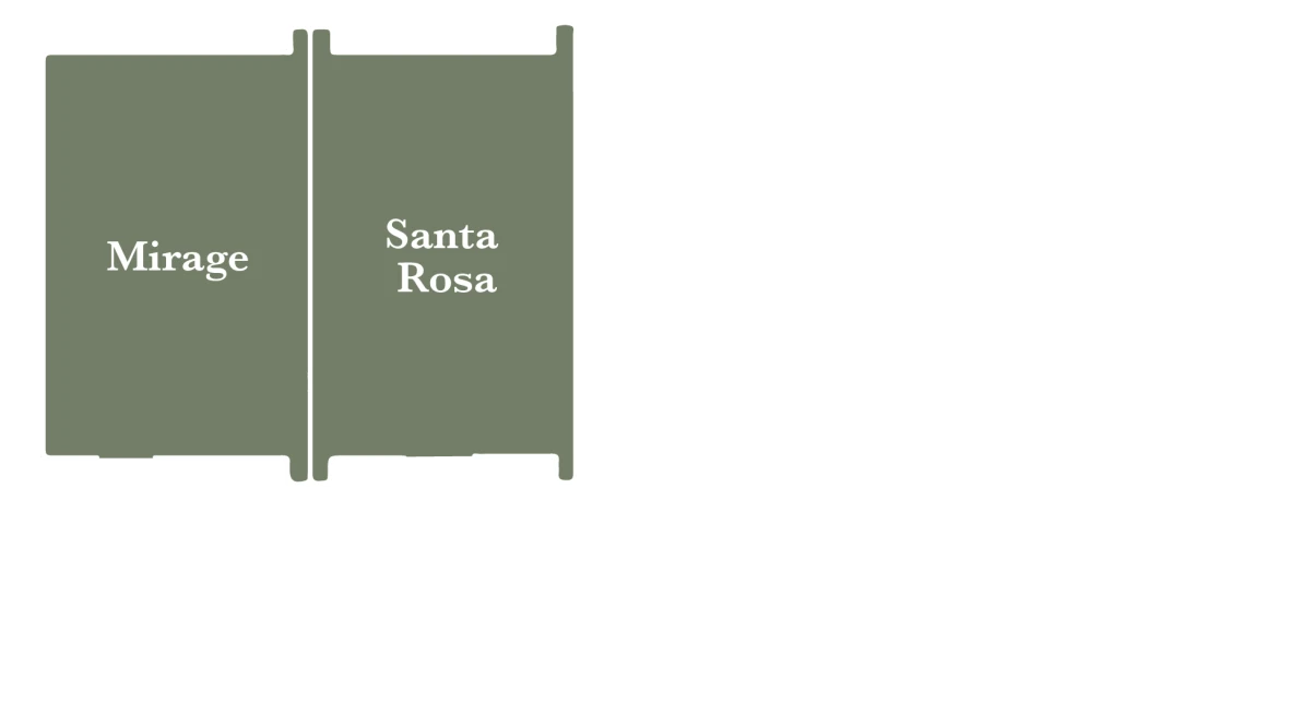 A layout diagram showing rooms labeled Mirage, Santa Rosa, Oasis, Health Club, Bar 3, Bar 4, and Club 100.