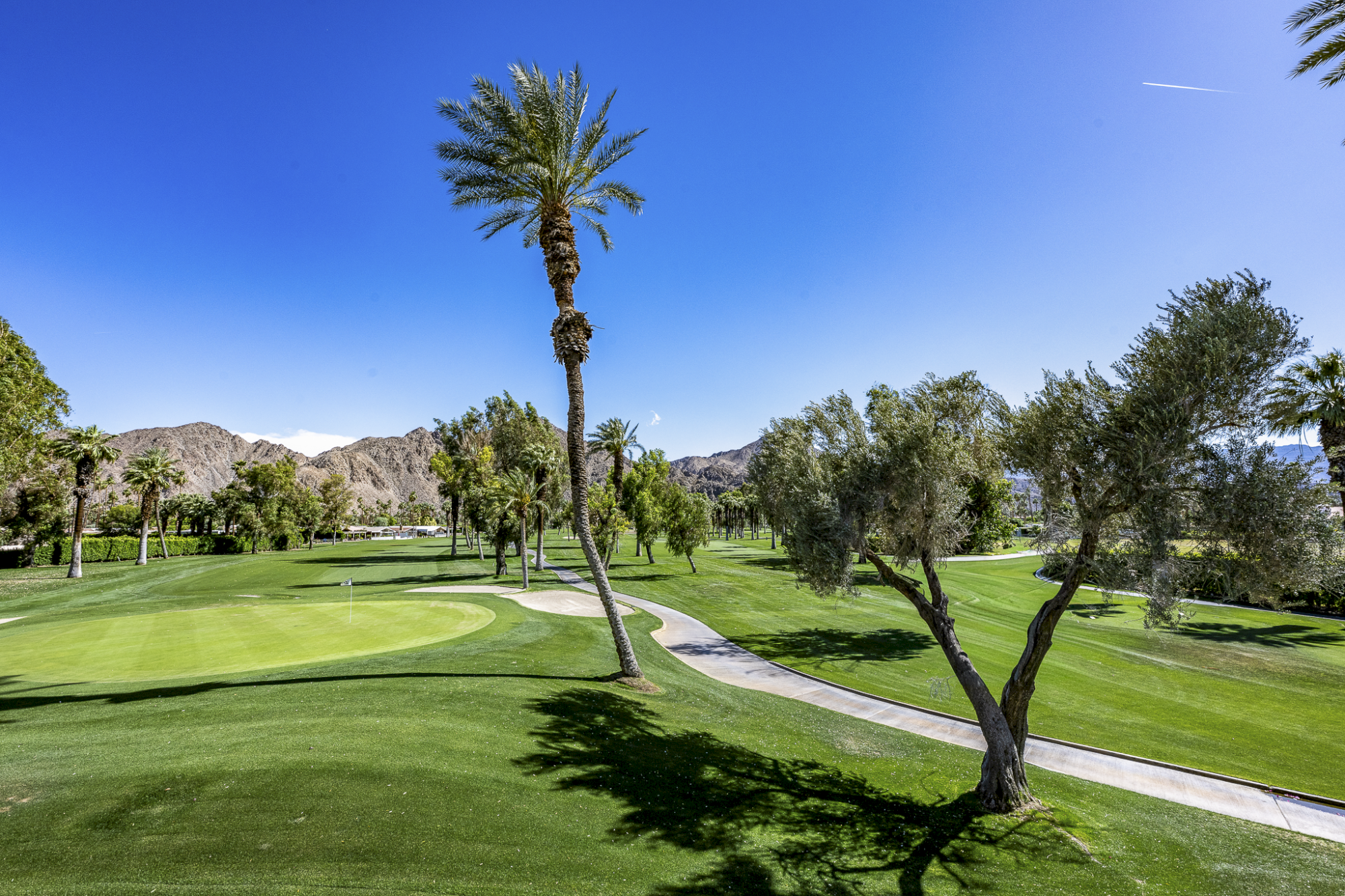 A sunny desert golf course with green fairways, palm trees, paved cart paths, and distant mountains under a clear blue sky.