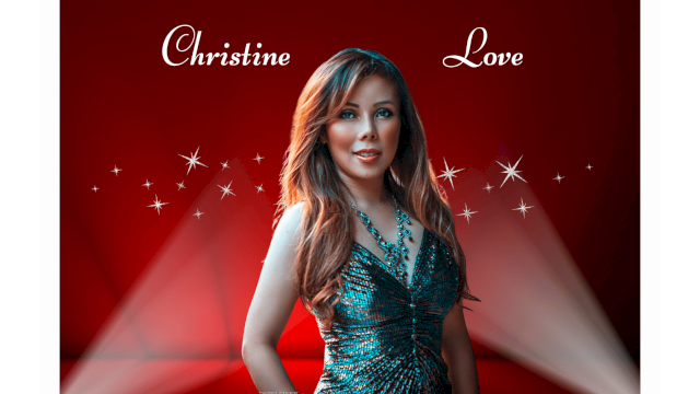 A woman in a sparkling teal dress stands against a red stage with sparkles and light beams; names “Christine” and “Love” appear at top.