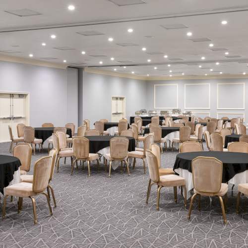 A large banquet hall with round tables draped in black cloths, beige chairs, and bright overhead lighting&mdash;ready for an event.