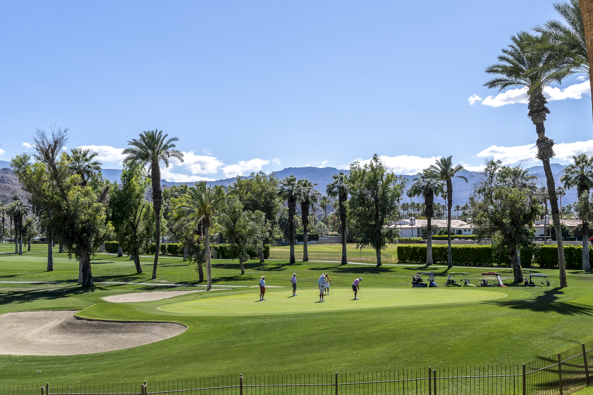 People stroll on a lush golf course with palm trees, a clear blue sky, distant mountains, and scattered benches along the green fairways.