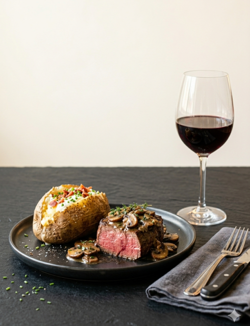 A plate with a stuffed beef tenderloin topped with mushrooms and herb butter, sliced rare, beside a glass of red wine.