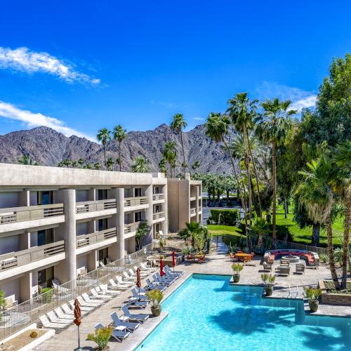 A modern apartment complex with balconies surrounds a sunny pool, lush palm trees, and a clear blue sky.