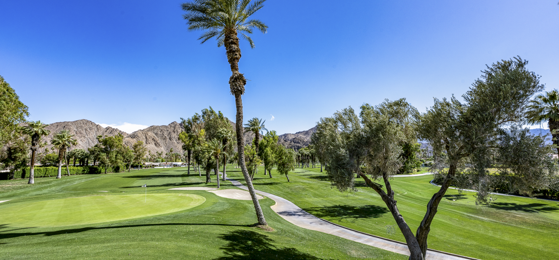 A sunny golf course with green fairways, palm trees, and a paved cart path winding through the landscape, mountains in the background.