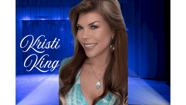 A promotional image of Kristi King with her name in cursive on a blue-lit stage backdrop, featuring her smiling portrait in a turquoise top.
