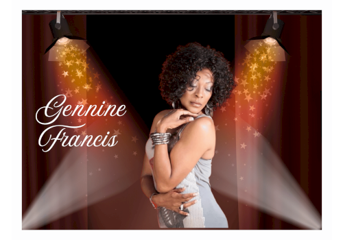 Gennine Francis posing gracefully on stage under spotlights, wearing a silver dress and shimmering bracelets.