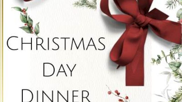 A festive Christmas Day Dinner invitation from Indian Wells Resort & Spa, with a red ribbon bow and greenery.