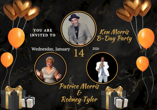 Birthday party invite banner: black marble background, gold text, balloons, gifts, central photos of Patrice Moran? Rodney Tyler, Ken Morris, multiple round frames.