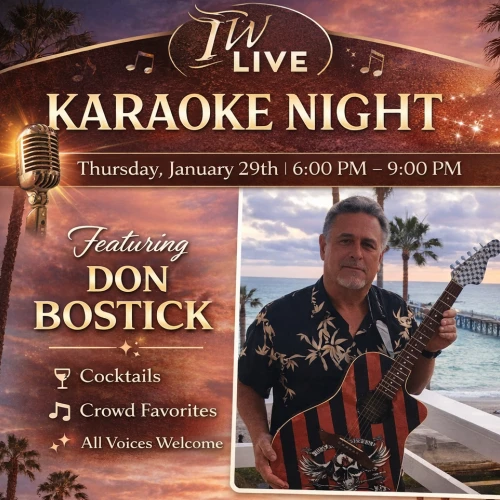 Karaoke Night flyer: Don Bostick performing live with a guitar on a palm‑fringed stage; cocktails, crowd favorites, all voices welcome. End.
