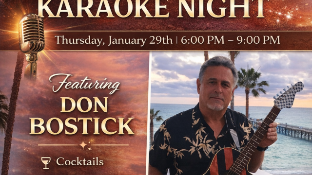 Karaoke Night flyer: Don Bostick performing live with a guitar on a palm‑fringed stage; cocktails, crowd favorites, all voices welcome. End.