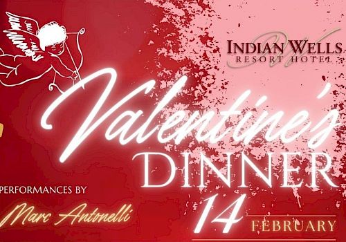 A Valentine&rsquo;s Dinner event poster featuring a red background, Cupid graphic, and text &ldquo;Valentine&rsquo;s Dinner,&rdquo; February 14, with performances by Mr. Arthur? (note: image text is partially unclear) ending.
