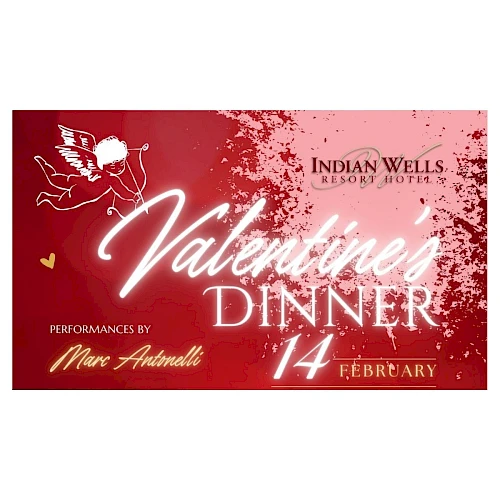 A Valentine&rsquo;s Dinner event poster featuring a red background, Cupid graphic, and text &ldquo;Valentine&rsquo;s Dinner,&rdquo; February 14, with performances by Mr. Arthur? (note: image text is partially unclear) ending.