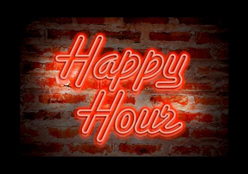 A neon "Happy Hour" sign glows in red on a brick wall, giving a lively, bar-inspired vibe perfect for a casual evening bite or drink.