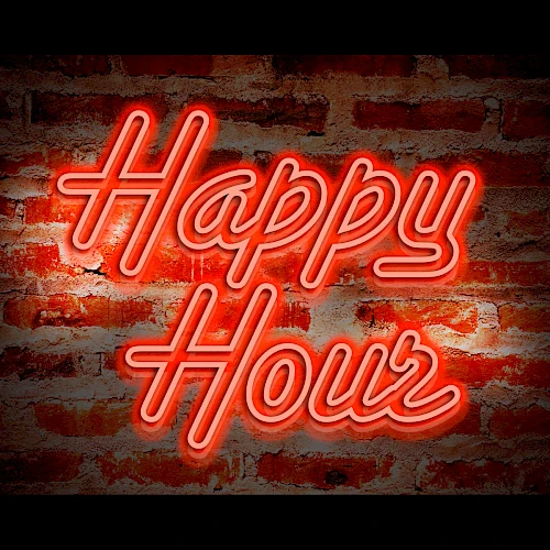 A neon "Happy Hour" sign glows in red on a brick wall, giving a lively, bar-inspired vibe perfect for a casual evening bite or drink.
