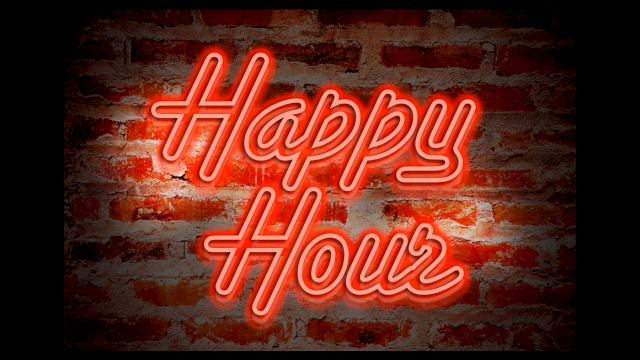 A neon "Happy Hour" sign glows in red on a brick wall, giving a lively, bar-inspired vibe perfect for a casual evening bite or drink.