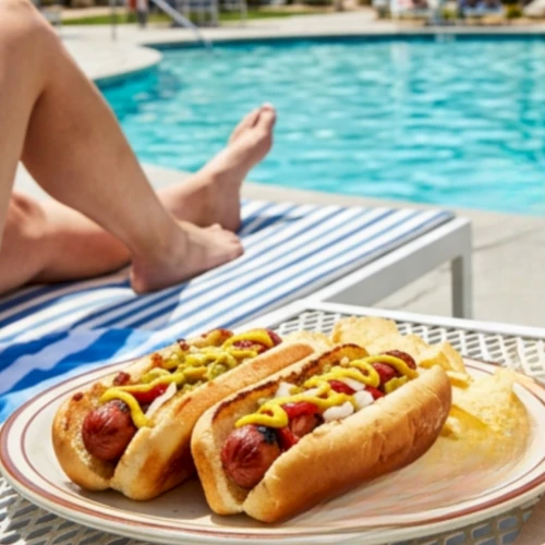 Two hot dogs loaded with toppings on a plate by the pool, with a margarita glass nearby and someone lounging in the background, sunny day.