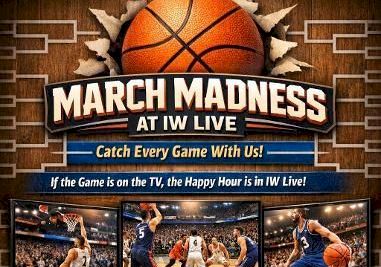 A promotional poster for &ldquo;March Madness at IW Live&rdquo; with a basketball, promo drinks, pizza, and tournament dates on a wooden background, ending with a period.