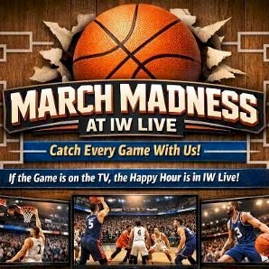 A promotional poster for &ldquo;March Madness at IW Live&rdquo; with a basketball, promo drinks, pizza, and tournament dates on a wooden background, ending with a period.
