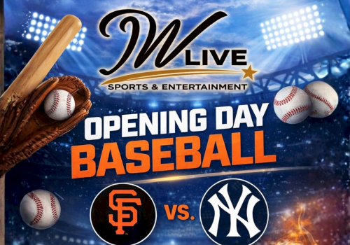 San Francisco Giants vs New York Yankees opening day baseball poster featuring SF logo, NY logo, stadium lights, baseballs, a glove, beer, and &ldquo;Live on Netflix.&rdquo;