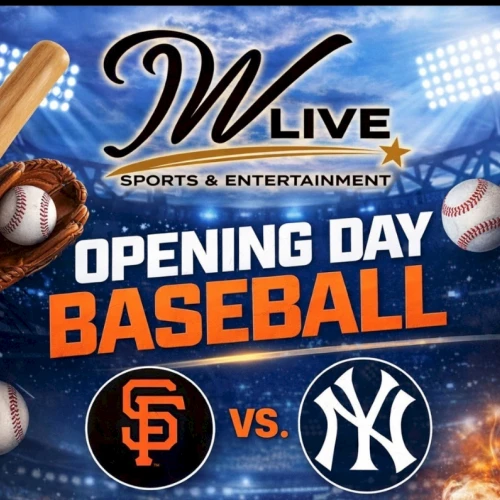 San Francisco Giants vs New York Yankees opening day baseball poster featuring SF logo, NY logo, stadium lights, baseballs, a glove, beer, and &ldquo;Live on Netflix.&rdquo;