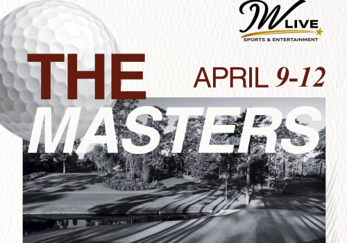 The Masters golf tournament poster featuring a large golf ball, bold THE MASTERS text, and April 9-12 at MLive.
