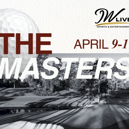 The Masters golf tournament poster featuring a large golf ball, bold THE MASTERS text, and April 9-12 at MLive.