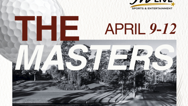 The Masters golf tournament poster featuring a large golf ball, bold THE MASTERS text, and April 9-12 at MLive.