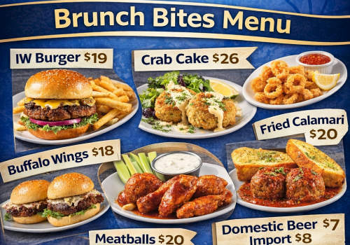 Top it off: A vibrant W Live brunch menu board featuring burgers, wings, pizza, crab cake, calamari, meatballs, beer, and more.