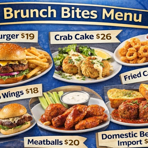 Top it off: A vibrant W Live brunch menu board featuring burgers, wings, pizza, crab cake, calamari, meatballs, beer, and more.