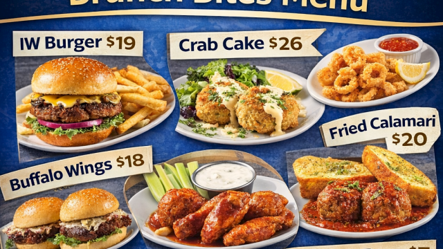 Top it off: A vibrant W Live brunch menu board featuring burgers, wings, pizza, crab cake, calamari, meatballs, beer, and more.