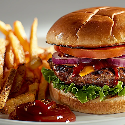 A juicy cheeseburger with lettuce, tomato, red onion, and melted cheese, beside crispy fries and a dollop of ketchup on a plate.