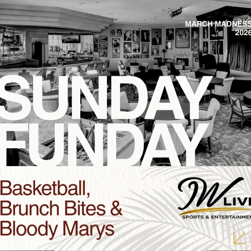 A black-and-white cafe scene with bold "SUNDAY FUNDAY" text, promoting Basketball, Brunch Bites & Bloody Marys, plus food images and 9 AM&ndash;4 PM hours.