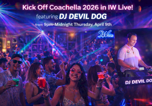 A lively nightclub scene with a DJ on deck, crowd cheering with colorful drinks, neon lights, and a banner: &ldquo;Kick Off Coachella 2016 in IW Live!&rdquo; ending the sentence.