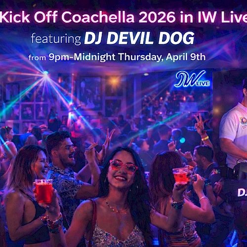 A lively nightclub scene with a DJ on deck, crowd cheering with colorful drinks, neon lights, and a banner: &ldquo;Kick Off Coachella 2016 in IW Live!&rdquo; ending the sentence.