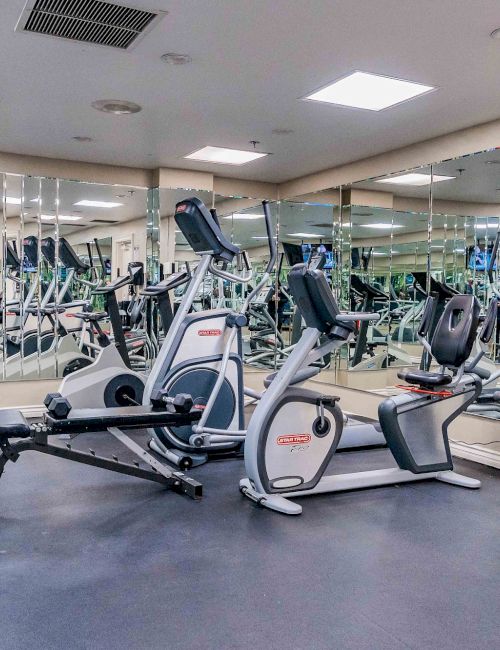 A row of exercise machines in a well-lit gym with mirrors, including treadmills, stationary bikes, and a stair climber, on a blue floor.