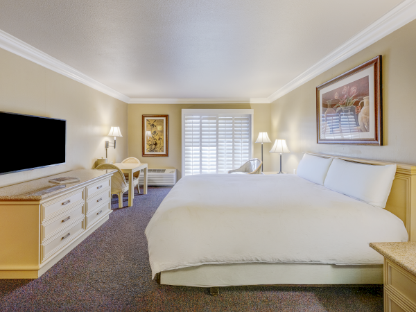 A hotel room with a king bed, two nightstands, a dresser with a TV, a desk, lamps, and framed art&mdash;neatly arranged and cozy.