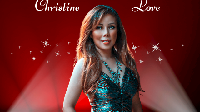 A woman in a sparkling teal dress stands against a red stage with sparkles and light beams; names &ldquo;Christine&rdquo; and &ldquo;Love&rdquo; appear at top.
